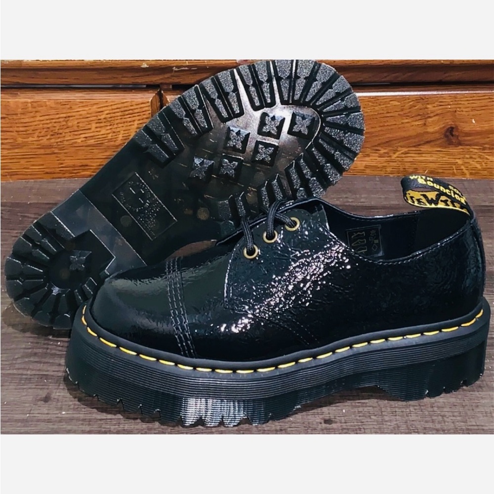 Dr. Martens 1461 Quad TC Black Distressed Patent Leather Platform Shoes size 38